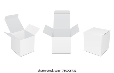 Set of blank white product packaging boxes, open and closed mockups. Three square templates in different positions for design or branding. Vector illustration