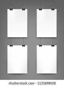 Set of blank white sheet and paper clips with realistic shadow isolated on a gray background