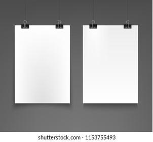 Set of blank white sheet and paper clips with realistic shadow isolated on a gray background