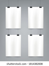 Set of blank white sheet and paper clips with realistic shadow isolated on a gray background
