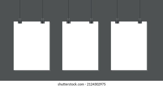 Set of blank white sheet and paper clips with realistic shadow isolated on a black background