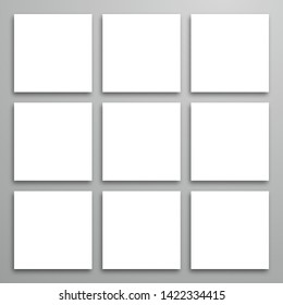 Set of blank white square cards. Top view mockup template with shadow