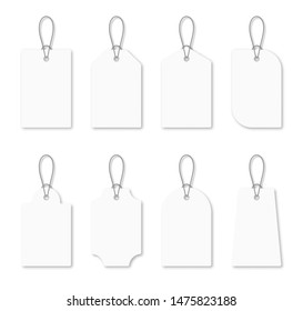 Set of blank white tags with rope. White shopping labels and price tags in different shapes. Mockup and template for paper price tag. Vector