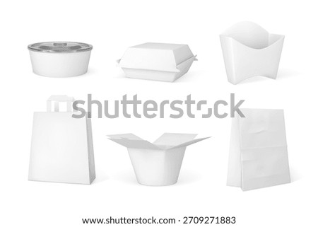 A set of blank white takeout packaging mockups, including fast food containers. Bags, boxes, open and closed, paper and plastic. For delivery, branding, and advertising materials. Realistic vector.