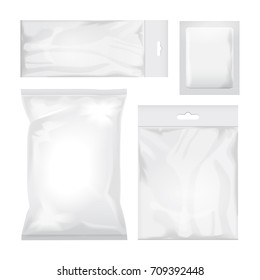 Set of blank white and transparent foil bag packaging for food, snack, coffee, cocoa, sweets, crackers, chips, nuts, sugar. Vector plastic pack mock up for your design