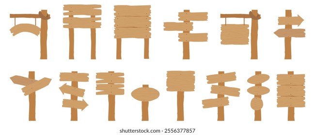 Set of blank wooden billboard in cartoon style