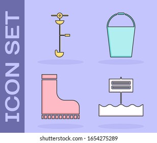 Set Blank wooden sign board, Grass and weed electric string trimmer, Waterproof rubber boot and Bucket icon. Vector