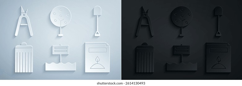 Set Blank wooden sign board, Shovel, Trash can, A pack full of seeds of specific plant, Tree and Gardening handmade scissors icon. Vector