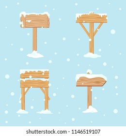 Set of blank wooden sign with snow on blue sky background. Winter vector illustration collection