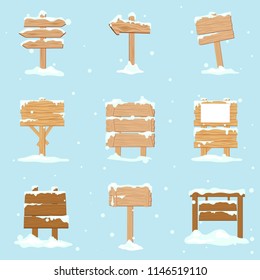 Set Of Blank Wooden Sign With Snow On Blue Sky Background. Winter Vector Illustration Collection