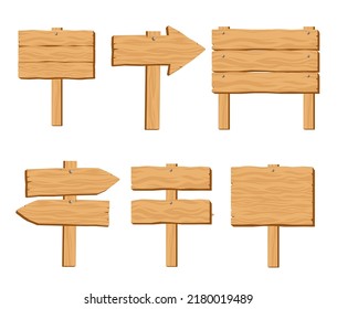 Set of blank wooden signboards. Square, arrow, 2 blocks, 3 blocks. Cartoon style vector guidepost illustration. Rough posters made of wood. Wooden bricks.