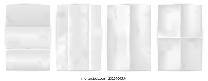 Set of blank wrinkled paper on white background. Realistic white empty poster mockups with crumpled texture effect and creases. Square sheets for documents. Flat cartoon vector illustration