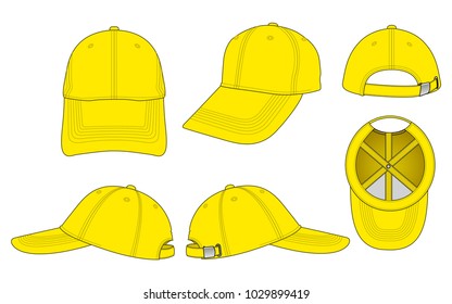 Set Blank Yellow Baseball Cap With Silver Buckle Strap Vector For Template.