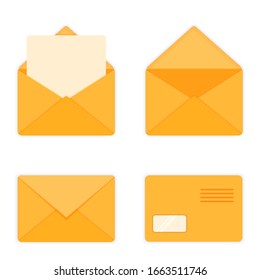Set of blank yellow color flat style envelopes icons. Vector illustration isolated on white background..