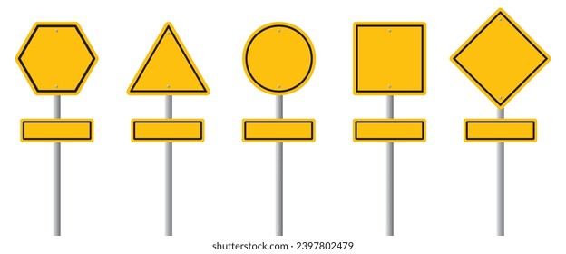 Set of blank yellow road sign. Empty traffic signs isolated on transparent background. Highway attention roadsign collection.