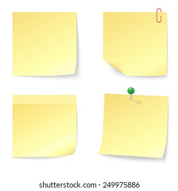 Set of Blank Yellow Sticky Notes with Push Pin and Paperclip isolated on white background. Vector illustration