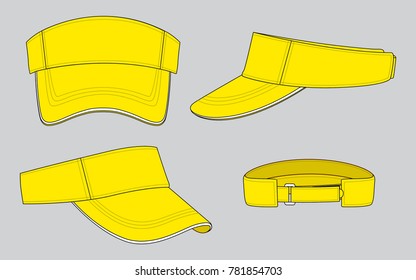 Set Blank Yellow Sun Visor Cap With White Sandwich And Adjustable Hook And Loop Strap Vector.