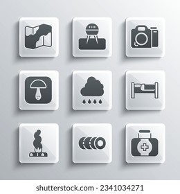 Set Blanket roll, First aid kit, Bed, Cloud with rain, Campfire, Mushroom, Camping and hiking on map and Photo camera icon. Vector