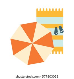 Set Of Blanket , Umbrella And Flip-Flops On The Sand, Part Of Summer Beach Vacation Series Of Illustrations