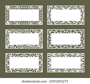 Set of blanks with an openwork frame. White rectangular template for postcard, certificate, congratulatory banner. Copy space. Layout for plotter laser cutting of paper, cnc. Vector illustration.