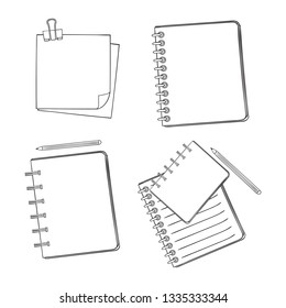 Set blanks page of notebook, sketchbook, album. Pencil lie near notebook. White paper form with a clip, reminder, note.