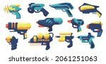 Set Blaster Kid Toy Guns, Handguns or Rayguns Weapon. Pistols for Game, Alien Space Arms or Child Laser Weapon. Military Arms Icons Collection Isolated on White Background. Cartoon Vector Illustration