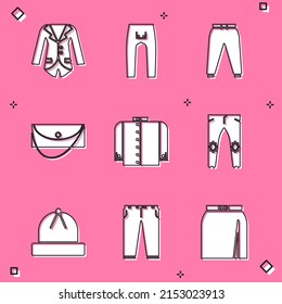 Set Blazer or jacket, Pants, Sport pants, Clutch bag, T-shirt, Winter hat and  icon. Vector
