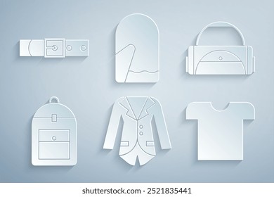 Set Blazer or jacket, Sport bag, Backpack, T-shirt, Christmas mitten and Leather belt icon. Vector