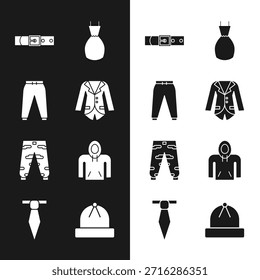 Conjunto Blazer o chaqueta, pantalones deportivos, cinturón de cuero, vestido de mujer, carga de camuflaje, sudadera con capucha, sombrero de invierno e icono de corbata. Vector