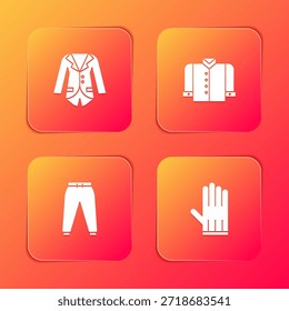 Set Blazer oder Jacke, T-Shirt, Sporthose und Lederhandschuh-Symbol. Vektorgrafik