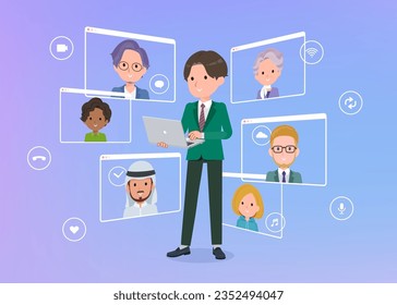 A set of blazer schoolboy communicating online using a laptop.It's vector art so easy to edit.