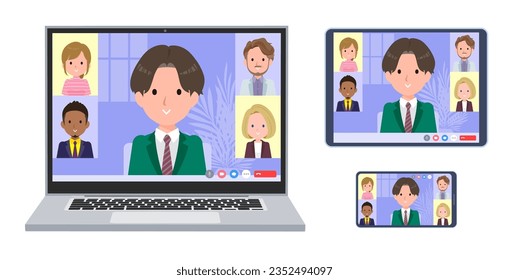 Un grupo de escolares deslumbrantes celebrando una reunión en línea. Un conjunto de laptops, tablets y smartphones. Es arte vectorial tan fácil de editar.