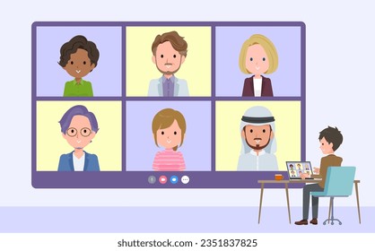 A set of blazer schoolboy having a video chat with multiple people.It's vector art so easy to edit.