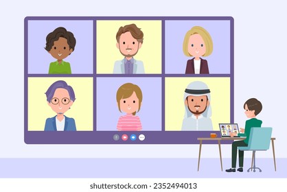Eine Reihe von Blazer-Schuljungen, die einen Video-Chat mit mehreren Leuten haben. Es ist Vektorgrafik so einfach zu bearbeiten.