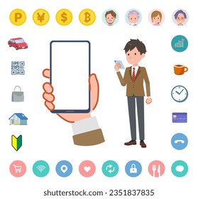 A set of blazer schoolboy looking at a smartphone screen.It's vector art so easy to edit.The inside of the screen is transparent, so it is easy to fit.