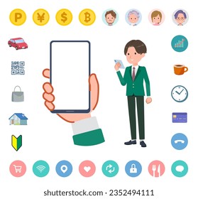 A set of blazer schoolboy looking at a smartphone screen.It's vector art so easy to edit.The inside of the screen is transparent, so it is easy to fit.