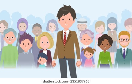 A set of blazer schoolboy standing in front of a large number of people.It's vector art so easy to edit.