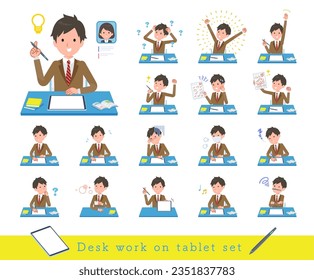 A set of blazer schoolboy studying on a tablet device.It's vector art so easy to edit.