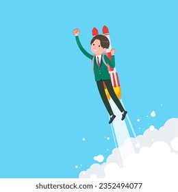 A set of blazer schoolboy taking off with a rocket jet.It's vector art so easy to edit.
