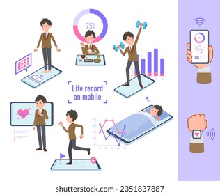 A set of blazer schoolboy who manage their behavior and health on their smartphones.It's vector art so easy to edit.