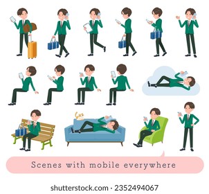 A set of blazer schoolboy who uses a smartphone in various scenes.It's vector art so easy to edit.