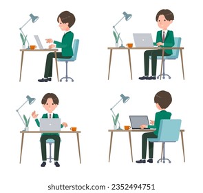 A set of blazer schoolboy working at a desk at a computer.It's vector art so easy to edit.