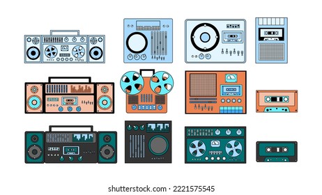 Set of bleautiful old retro vintage hipster musical electronics equipment: audio cassette recorder with magnetic tape, dj console from 70s, 80s, 90s. Vector illustration