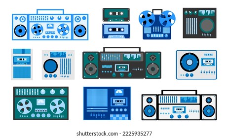Set of bleautiful old retro vintage hipster musical electronics equipment: audio cassette recorder with magnetic tape, dj console from 70s, 80s, 90s. Vector illustration