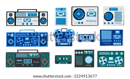 Set of bleautiful old retro vintage hipster musical electronics equipment: audio cassette recorder with magnetic tape, dj console from 70s, 80s, 90s. Vector illustration