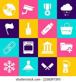 Set Blender, Add new folder, Handbag, Medal with star, Paint brush and Flag icon. Vector