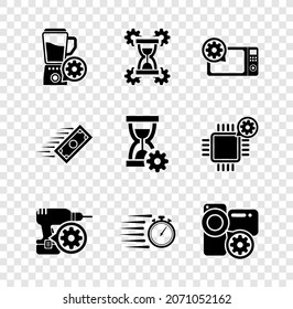Set Blender with bowl setting, Hourglass, Microwave oven, Drill machine, Stopwatch and Video camera icon. Vector