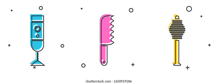 Set Blender, Bread knife and Honey dipper stick icon. Vector