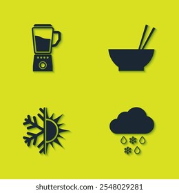 Set Blender, Cloud with snow and rain, Sun snowflake and Bowl chopsticks icon. Vector