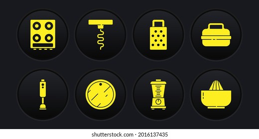 Set Blender, Kochtöpfe, Schneidebrett, Grater, Weinkorkenzieher, Zitrusfruchtsaft und Gasherd Symbol. Vektorgrafik